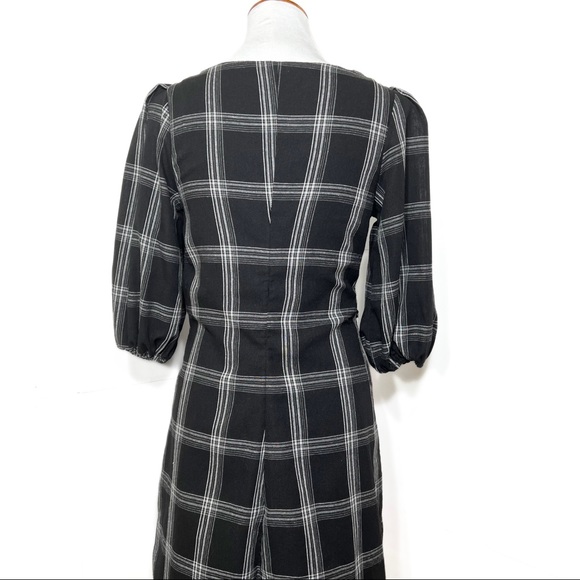 Free People Black Plaid V Neck Balloon Sleeve A Line Pleated Mini Shirtdress - Picture 9 of 14